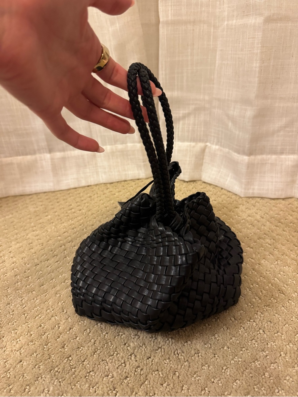 Black Woven Drawstring Handbag - Unbranded